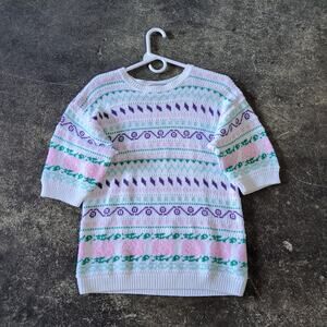 Vintage Hunts Point Sweater Womens S White Fair Isle Short Sleeve Knit 90s